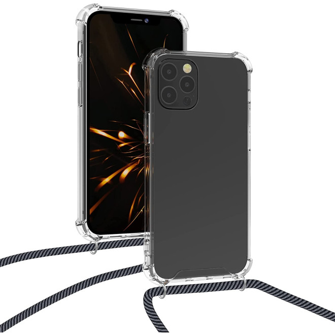 KWmobile Διάφανη Θήκη Σιλικόνης με Λουράκι Λαιμού - Apple iPhone 12 / 12 Pro - Transparent / Anthracite / Black