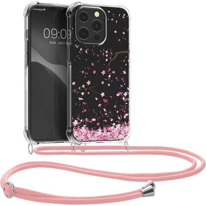 KWmobile Διάφανη Θήκη Σιλικόνης με Λουράκι Λαιμού - Apple iPhone 13 Pro - Cherry Blossoms / Cherry Petals / Pink / Dark Brown / Transparent
