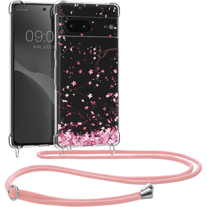 KWmobile Διάφανη Θήκη Σιλικόνης με Λουράκι Λαιμού - Google Pixel 7 - Cherry Blossoms Pink / Dark Brown / Transparent