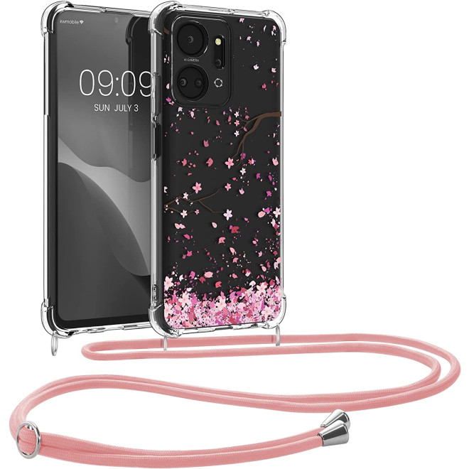 KWmobile Διάφανη Θήκη Σιλικόνης με Λουράκι Λαιμού - Honor X7a - Cherry Blossoms Pink Petals / Dark Brown / Transparent