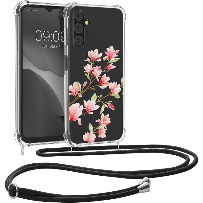 KWmobile Διάφανη Θήκη Σιλικόνης με Λουράκι Λαιμού - Samsung Galaxy A14 - Magnolias / Pink / White / Transparent