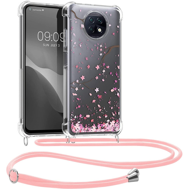 KWmobile Διάφανη Θήκη Σιλικόνης με Λουράκι Λαιμού - Xiaomi Redmi Note 9T 5G - Transparent / Cherry Blossoms / Pink / Dark Brown