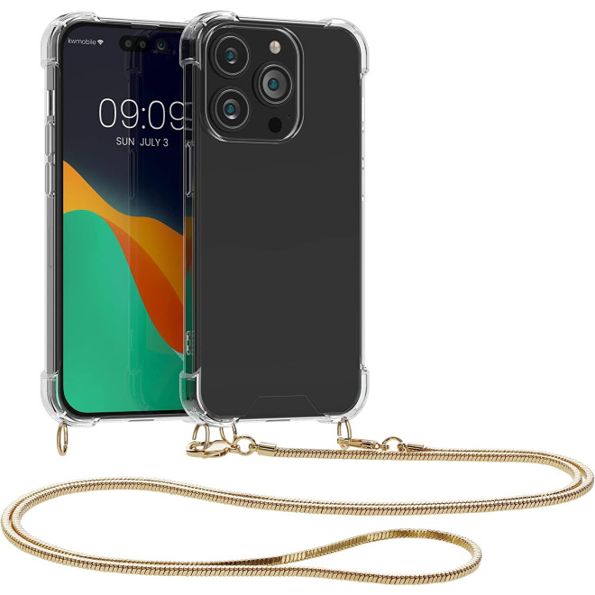 KWmobile Διάφανη Θήκη Σιλικόνης με Μεταλλικό Λουράκι Λαιμού Apple iPhone 14 Pro - Transparent / Gold