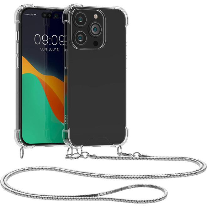 KWmobile Διάφανη Θήκη Σιλικόνης με Μεταλλικό Λουράκι Λαιμού Apple iPhone 14 Pro - Transparent / Silver
