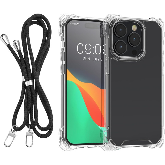 Θήκη Apple iPhone 15 Pro Max - KWmobile Σκληρή Διάφανη με TPU Bumper και Αποσπώμενο Λουράκι Λαιμού - Transparent / Black
