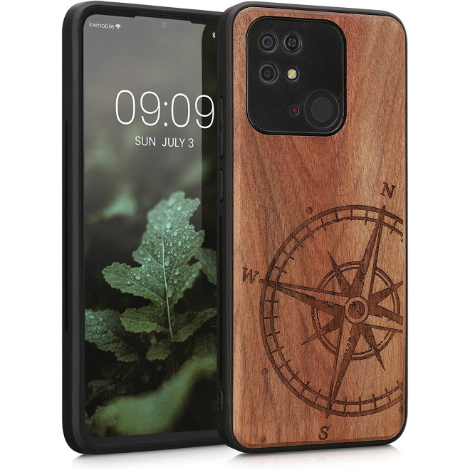 KWmobile Σκληρή Ξύλινη Θήκη με TPU Bumper - Xiaomi Redmi 10C - Walnut / Navigational Compass / Dark Brown