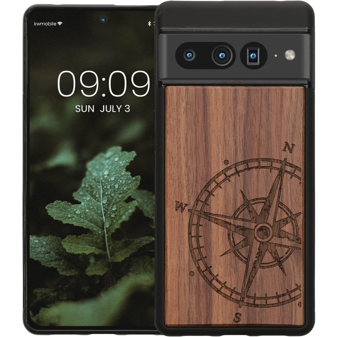 KWmobile Σκληρή Ξύλινη Θήκη με TPU Bumper - Google Pixel 7 Pro - Walnut / Navigational Compass