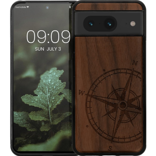 KWmobile Σκληρή Ξύλινη Θήκη με TPU Bumper - Google Pixel 8 - Walnut / Navigational Compass