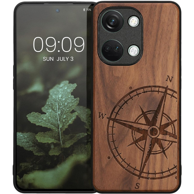 KWmobile Σκληρή Ξύλινη Θήκη με TPU Bumper - OnePlus Nord 3 - Walnut / Navigational Compass 
