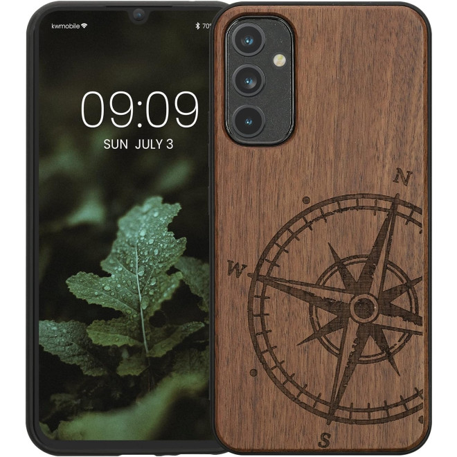 KWmobile Σκληρή Ξύλινη Θήκη με TPU Bumper - Samsung Galaxy A34 - Walnut / Navigational Compass
