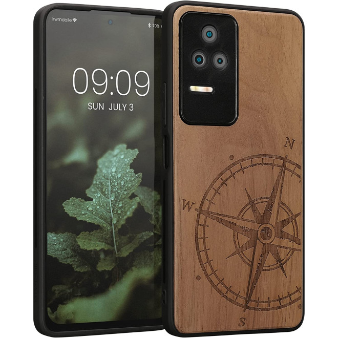 KWmobile Σκληρή Ξύλινη Θήκη με TPU Bumper - Xiaomi Poco F4 - Walnut / Navigational Compass / Dark Brown