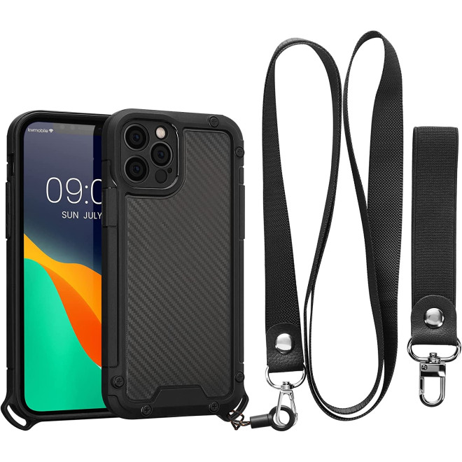 KWmobile Σκληρή Θήκη Shockproof Hybrid με Λουράκι Λαιμού & Καρπού - Apple iPhone 12 Pro - Black Matte / Transparent 