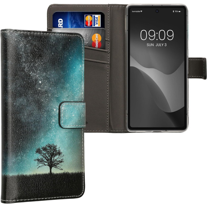 KWmobile Θήκη - Πορτοφόλι Google Pixel 7a - Cosmic Nature / Galaxy Tree Meadow / Blue / Grey / Black