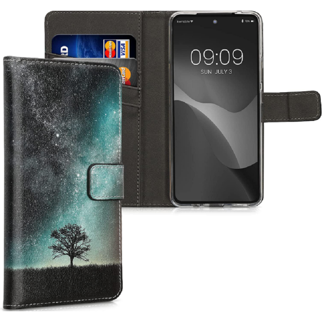 KWmobile Θήκη - Πορτοφόλι Motorola Moto G72 - Cosmic Nature / Galaxy Tree Meadow / Blue / Grey / Black