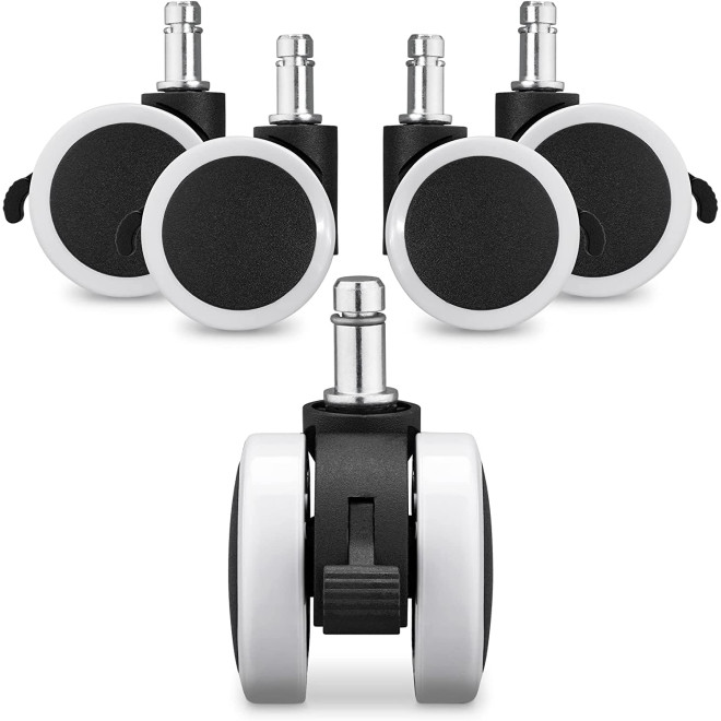 KW Office Chair Wheels - Ροδάκια Σκληρού Δαπέδου με Φρένο 10/22mm για Καρέκλα Γραφείου / Έπιπλα - Διάμετρος Τροχού 50mm - 5 Τεμάχια - White