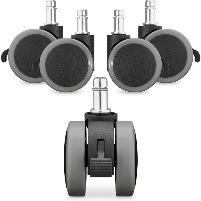 KW Office Chair Wheels - Ροδάκια Σκληρού Δαπέδου με Φρένο για Καρέκλα Γραφείου / Έπιπλα με Υποδοχή 10mm - Διάμετρος Τροχού 50mm - 5 Τεμάχια - Grey