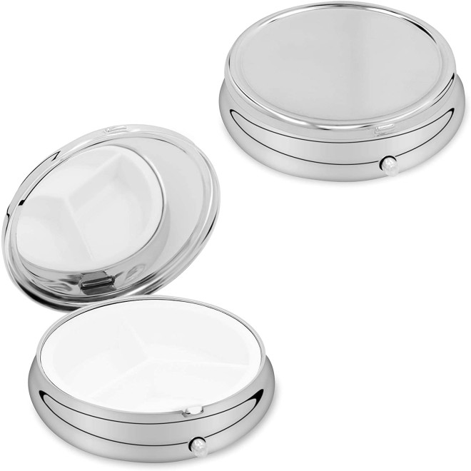 KW Pill Organizer Box - Μεταλλική Θήκη Χαπιών με 3 Θέσεις - 4.9 x 4.9 x 1.4 cm - 2 Τεμάχια - Silver