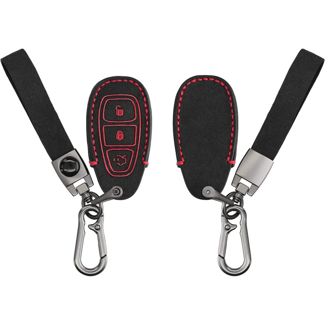 KW PU Leather Colored Buttons - Θήκη Κλειδιού Ford- 3 Κουμπιά - Keyless Go - Black / Red