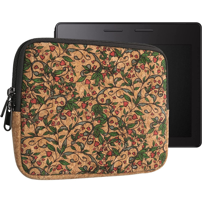 KW Sleeve Cork - Universal Θήκη από Φελλό με Φερμουάρ για eReader 6.8" - 7" - Heart Flower / Red / Green / Light Brown