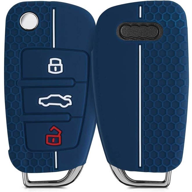 KW Θήκη Κλειδιού Audi - Σιλικόνη - 3 Κουμπιά - Flip Key - Dark Blue / White