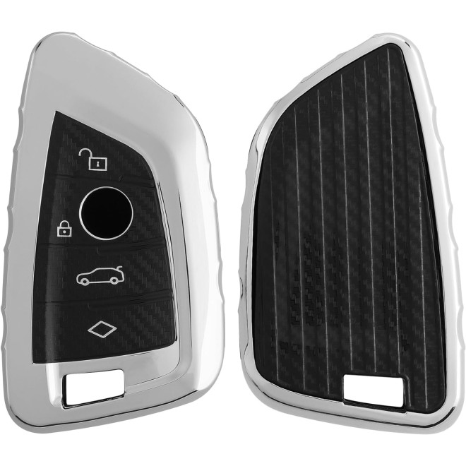 KW Θήκη Κλειδιού BMW - Carbon Σιλικόνη με Έγχρωμο Πλαίσιο & Κουμπιά - 3 Κουμπιά - Smart Key - Silver High Gloss