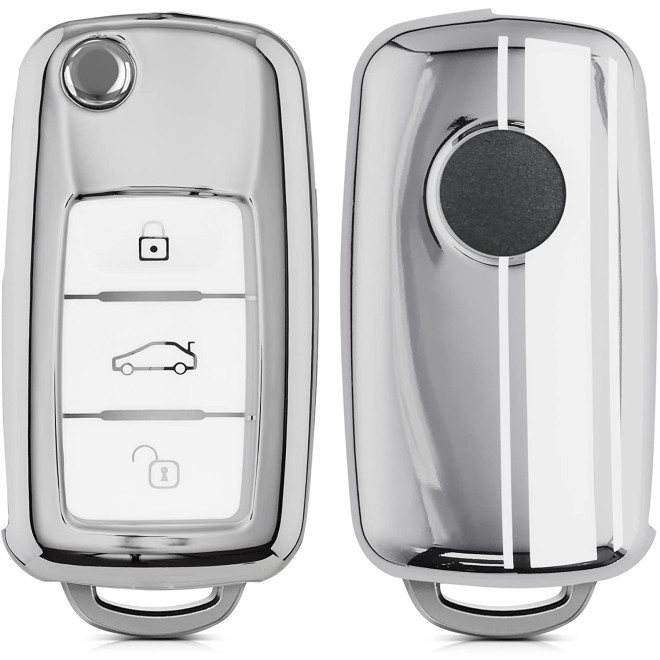 KW Θήκη Κλειδιού VW / Skoda / Seat - Σιλικόνη - 3 Κουμπιά - Rally Stripe / White / Silver