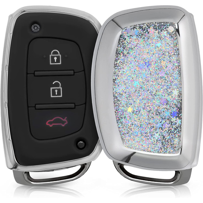 KW Θήκη Κλειδιού Hyundai Kia - Σιλικόνη - 3 Κουμπιά - Keyless Go - Stars Snow Globe / Silver / Metallic Silver