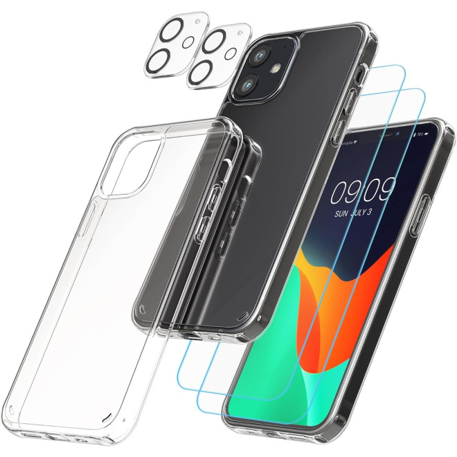KWmobile 5 σε 1 - Σετ με 1 x Σκληρή Διάφανη Θήκη με TPU Bumper / 2 x Tempered Glass Οθόνης / 2 x Tempered Glass για Φακό Κάμερας - Apple iPhone 12 - Transparent