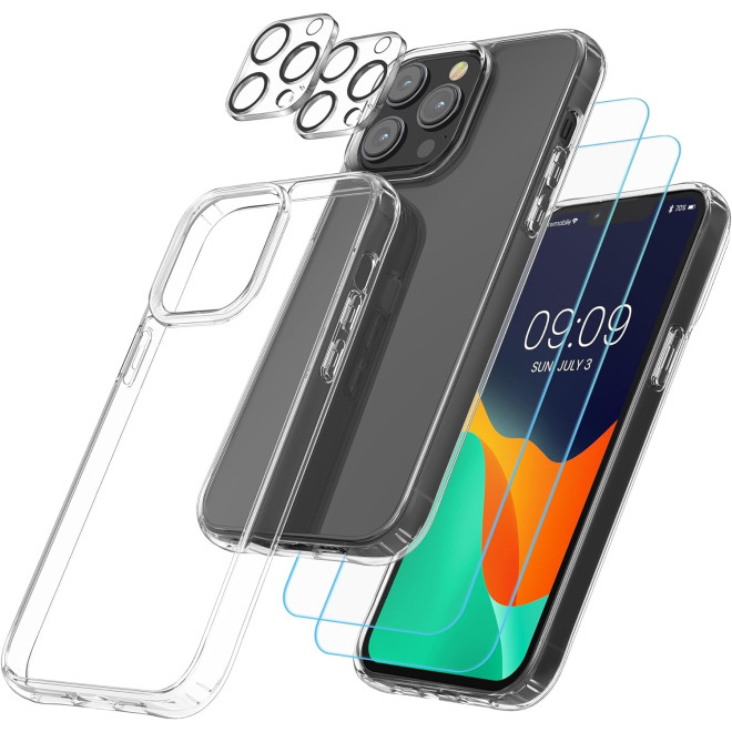 KWmobile 5 σε 1 - Σετ με 1 x Σκληρή Διάφανη Θήκη με TPU Bumper / 2 x Tempered Glass Οθόνης / 2 x Tempered Glass για Φακό Κάμερας - Apple iPhone 13 Pro Max - Transparent