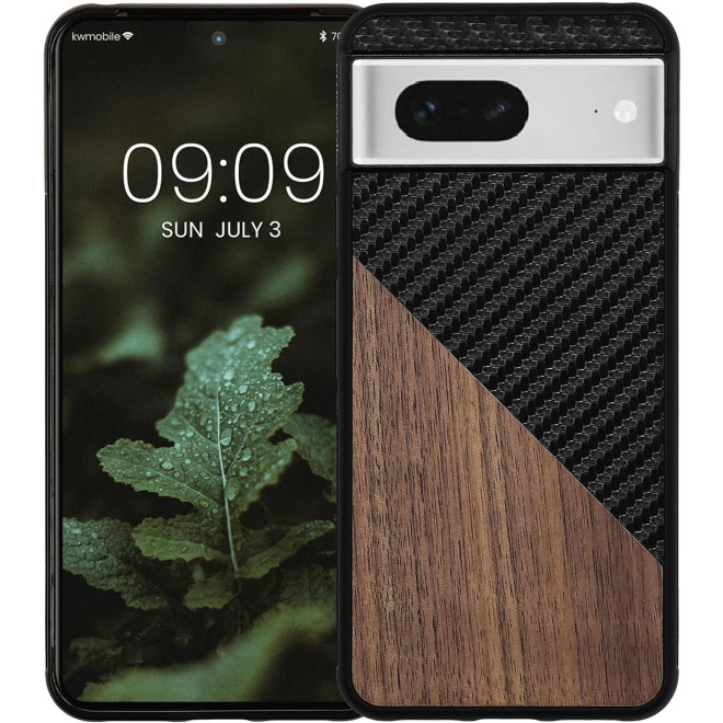 KWmobile Wood and Carbon Fiber - Σκληρή Ξύλινη Θήκη με TPU Bumper και Ανθρακονήματα - Google Pixel 8 - Walnut / Dark Brown / Black