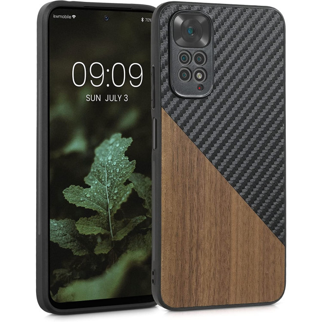 KWmobile Wood and Carbon Fiber - Σκληρή Ξύλινη Θήκη με TPU Bumper και Ανθρακονήματα - Xiaomi Redmi Note 11 / 11S - Dark Brown / Black / Walnut
