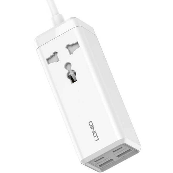 Ldnio 65W Desktop Power Strip - Μονόπριζο με 1 Υποδοχή AC - EU/US 2500W με Καλώδιο 200cm / Ταχυφορτιστής με 2 x USB-A / 2 x Type-C - 65W - White
