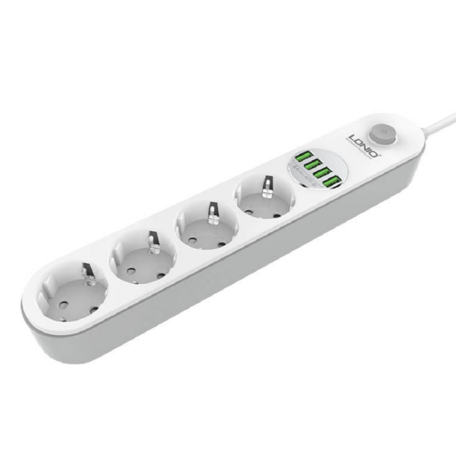 Ldnio Πολύπριζο Ασφαλείας με 4 Υποδοχές 2500W με Διακόπτη & Καλώδιο 200cm - 4 x USB-A - 17W - White 