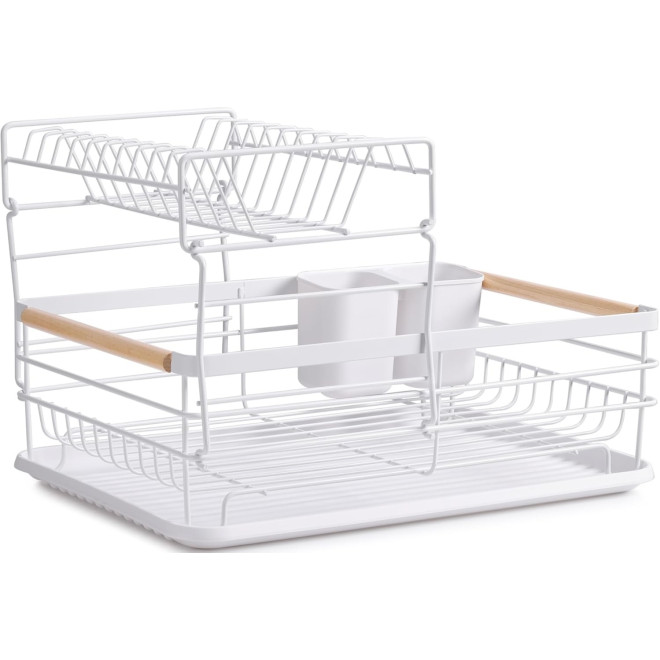 Navaris 2 Tier Dish Drainer Rack - Πιατοθήκη 2 Επιπέδων / Στραγγιστήρι με Ξύλινες Λαβές - 43 x 32 x 29 cm - White