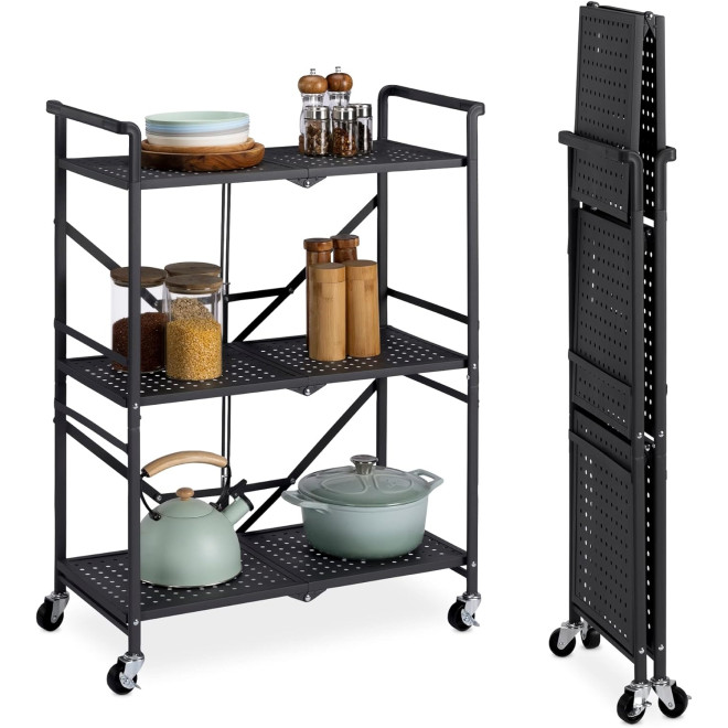 Navaris 3 Tier Folding Trolley / Rolling Utility Cart - Πτυσσόμενο Μεταλλικό Καρότσι / Τρόλεϊ Σερβιρίσματος με 3 Επίπεδα / Ράφια - Grey