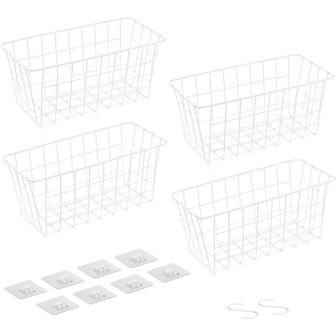 Navaris Adhesive Baskets - Σετ με 4 Αυτοκόλλητα Μεταλλικά Καλάθια Τοίχου Οργάνωσης και Αποθήκευσης - 30 x 14 x 13.5 cm - White
