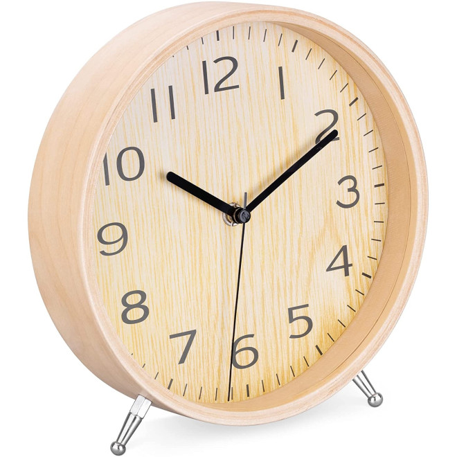 Navaris Analogue Wooden Desk Clock - Στρογγυλό Επιτραπέζιο Ξύλινο Αναλογικό Ρολόι - 22cm - Light Brown