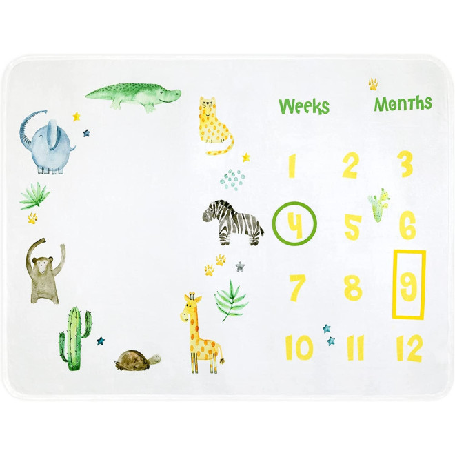 Navaris Baby Milestone Blanket - Απαλή Βρεφική Κουβέρτα Ορόσημο με Ένδειξη Ανάπτυξης - 130 x 100 cm - Animal Design - EN
