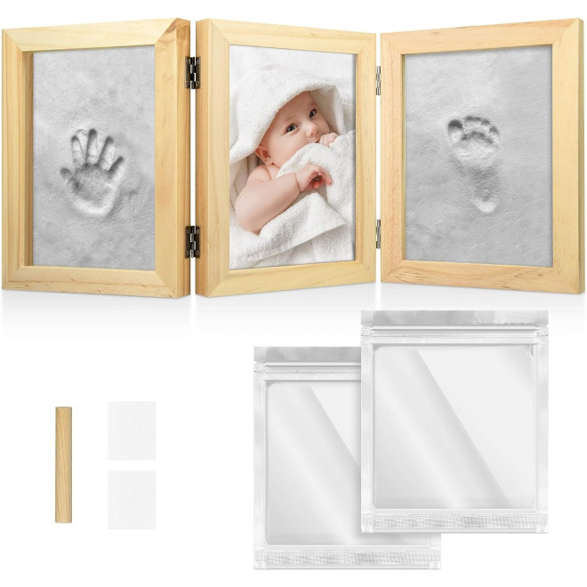 Navaris Baby Picture Frame with Plaster Cast - Κορνίζες από Ξύλο Πεύκου με Σετ 3D Αποτύπωσης Ποδιού & Χεριού από Πύλο για Βρέφη - Beige