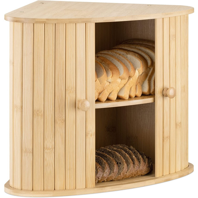 Navaris Bamboo Bread Bin - Γωνιακή Ψωμιέρα Δύο Επιπέδων από Μπαμπού με Συρόμενες Μπροστινές Πόρτες - Brown