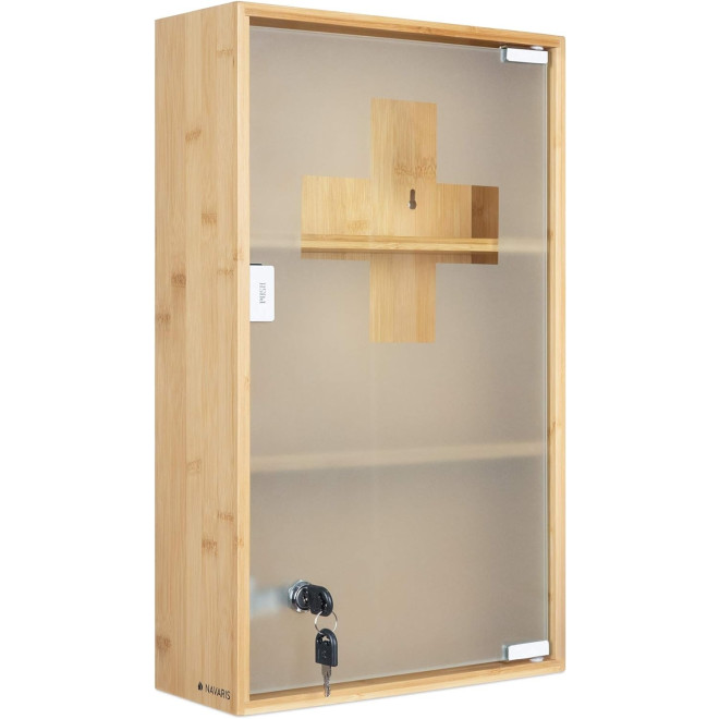 Navaris Bamboo Medicine Cabinet - Φαρμακείο Τοίχου από Μπαμπού & Tempered Glass / Ντουλάπι Πρώτων Βοηθειών με Κλειδαριά & Μαγνητικό Κλείσιμο - 50 x 30 x 12 cm - Light Brown