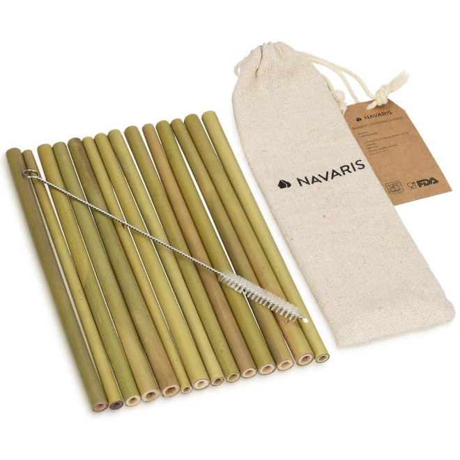 Navaris Bamboo Reusable Drinking Straws - Σετ με 14 Καλαμάκια από Μπαμπού με Βούρτσα Καθαρισμού και Θήκη από Λινό 