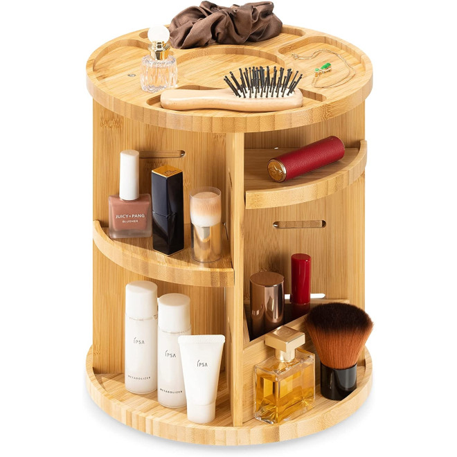 Navaris Bamboo Rotating MakeUp Organizer - Περιστρεφόμενη Βάση Αποθήκευσης και Οργάνωσης Καλλυντικών / Μακιγιάζ από Μπαμπού - 25 x 25 x 30.5 cm - Light Brown