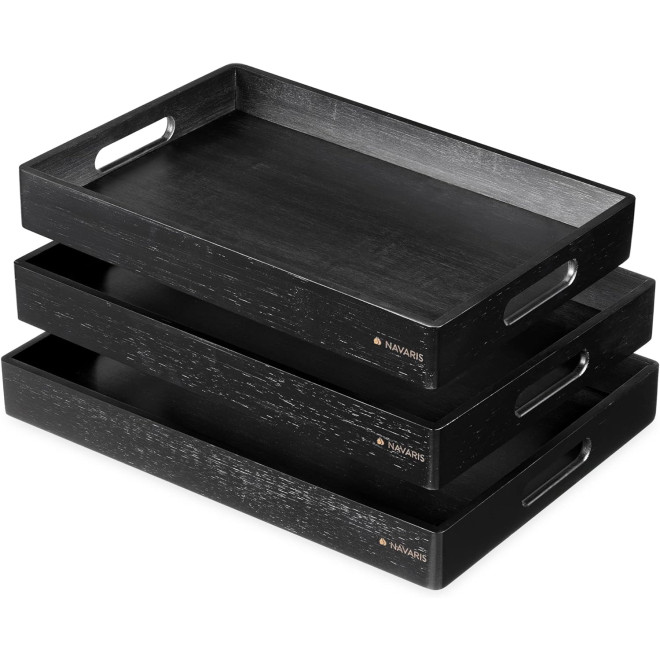 Navaris Bamboo Serving Trays - Σετ με 3 Δίσκους Σερβιρίσματος από Μπαμπού με Λαβές - Black
