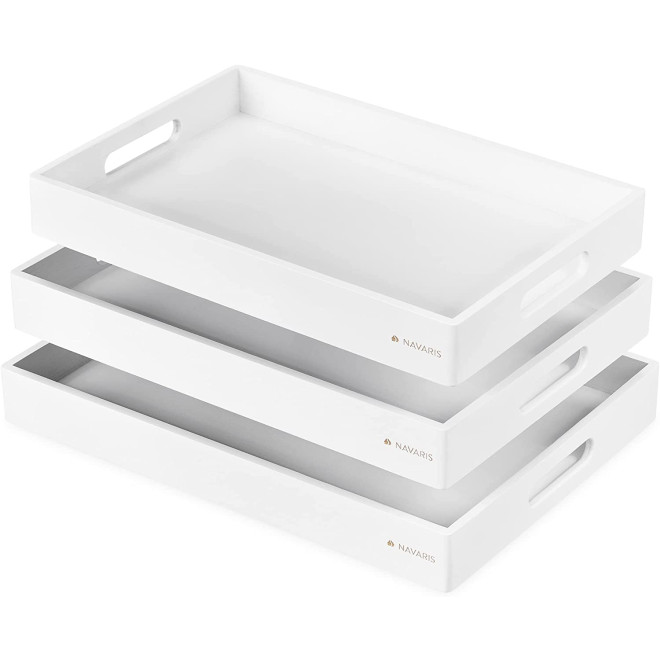 Navaris Bamboo Serving Trays - Σετ με 3 Δίσκους Σερβιρίσματος από Μπαμπού με Λαβές - White