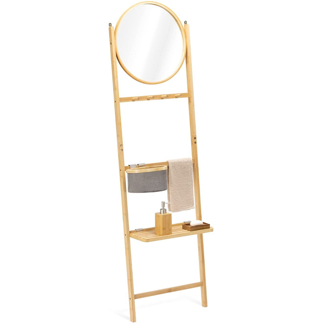 Navaris Bamboo Towel Rack with Mirror - Βάση / Κρεμάστρα Μπάνιου από Μπαμπού για Πετσέτες με Ράφι / Καλάθι και Καθρέπτη - Light Brown