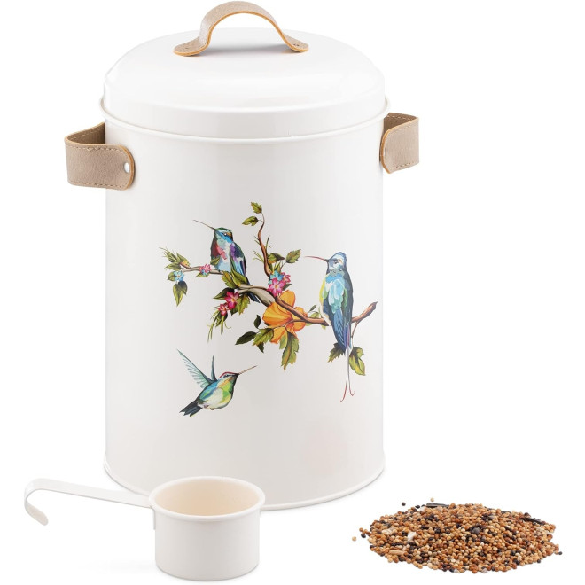 Navaris Bird Seed Container - Μεταλλικό Δοχείο Αποθήκευσης Τροφής για Πουλιά / Ξηράς Τροφής για Κατοικίδια με Σέσουλα και Λαβές από PU Δέρμα - 4.9L
