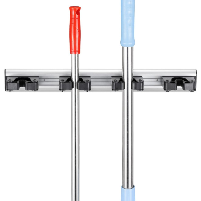 Navaris Broom and Mop Holder - Επιτοίχια Μεταλλική Βάση για Σκούπες & Σφουγγαρίστρες με 4 Θέσεις - 43.5 cm - Silver