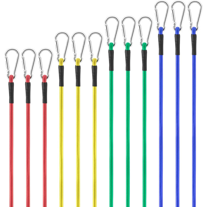 Navaris Bungee Cords with Carabiner Hooks - Σετ με 12 Ελαστικούς Ιμάντες Πρόσδεσης / Τάνυσης Γενικής Χρήσης / Χταπόδι Αποσκευών με Γάντζους - Blue / Green / Yellow / Red