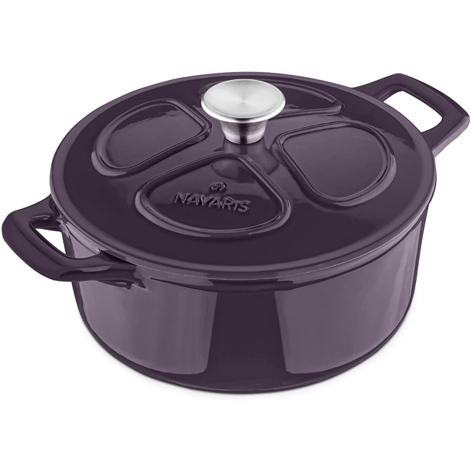Navaris Cast Iron Casserole Dish with Lid - Αντικολλητική Κατσαρόλα από Χυτοσίδηρο για Εστίες / Φούρνο - 24cm - 3.5L - Purple